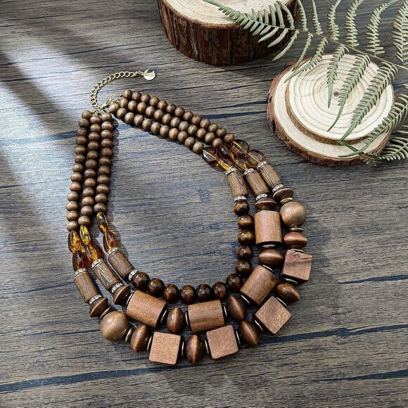 Layer Chunky Wood Beaded Necklace Exaggerated Statement Bead Collar Necklace Bib - Picture 3 of 8